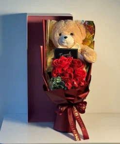 red soap flower and teddy bear bouquet with gift box