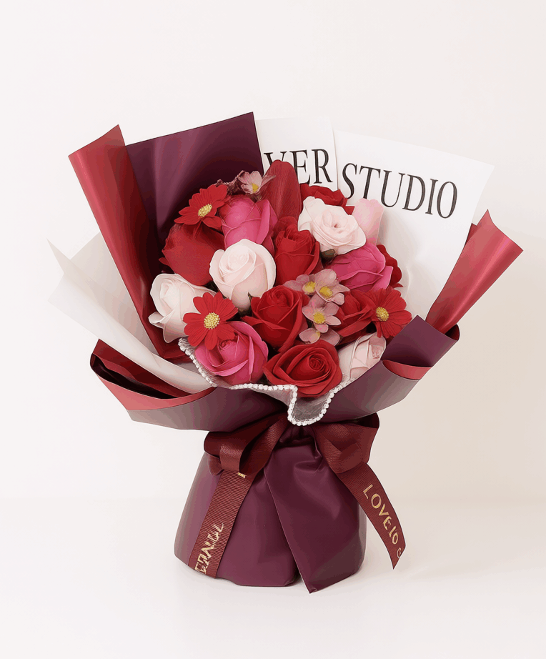 「crimson elegance」 eternal red rose bouquet 18 stems