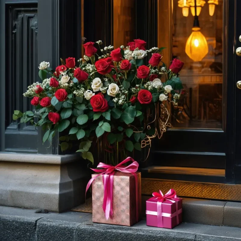 flowers in front of a door showing delivery