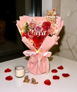 blooms in heart shell soap pink rose bouquet Instagram style