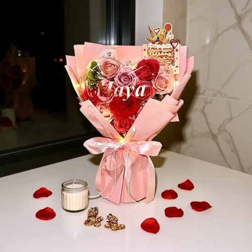 blooms in heart shell soap pink rose bouquet Instagram style