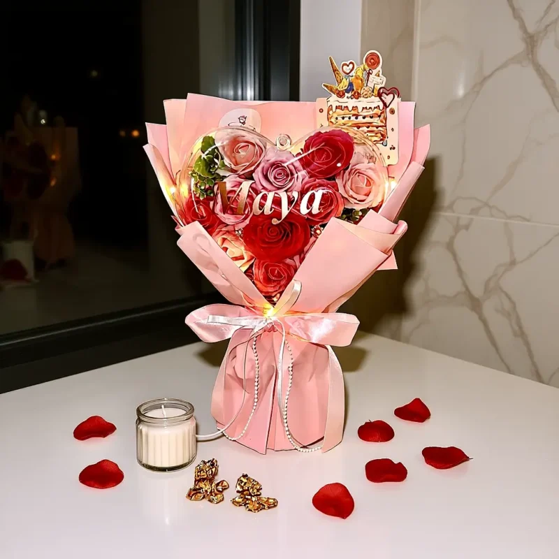 blooms in heart shell soap pink rose bouquet Instagram style