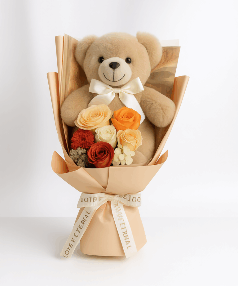 「golden hug」 champagne teddy bear rose bouquet 48cm