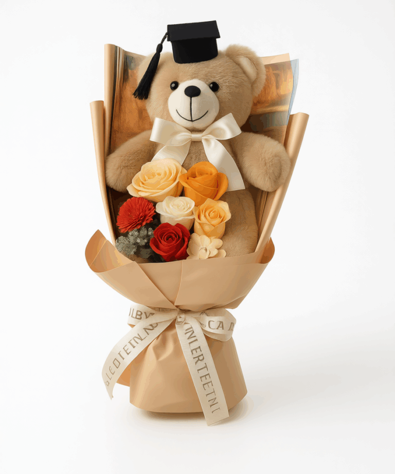 ｢golden hug｣ champagne teddy bear rose bouquet 48cm