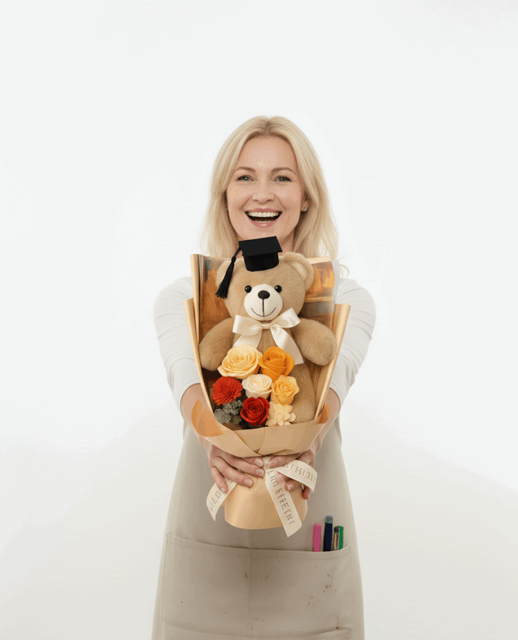 ｢golden hug｣ champagne teddy bear rose bouquet 48cm