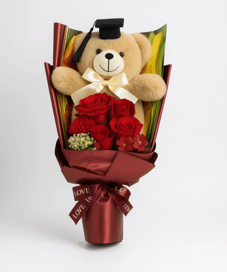 ｢golden hug｣ champagne teddy bear rose bouquet 48cm