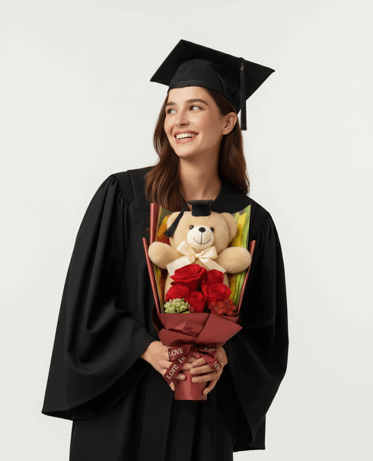 Welcome 「golden hug」 champagne teddy bear rose bouquet 48cm