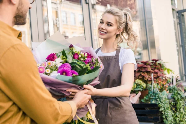 Stock Photo Smiling Florist Giving Beautiful Bouquet Chrysanthemums Customer Flower Shop